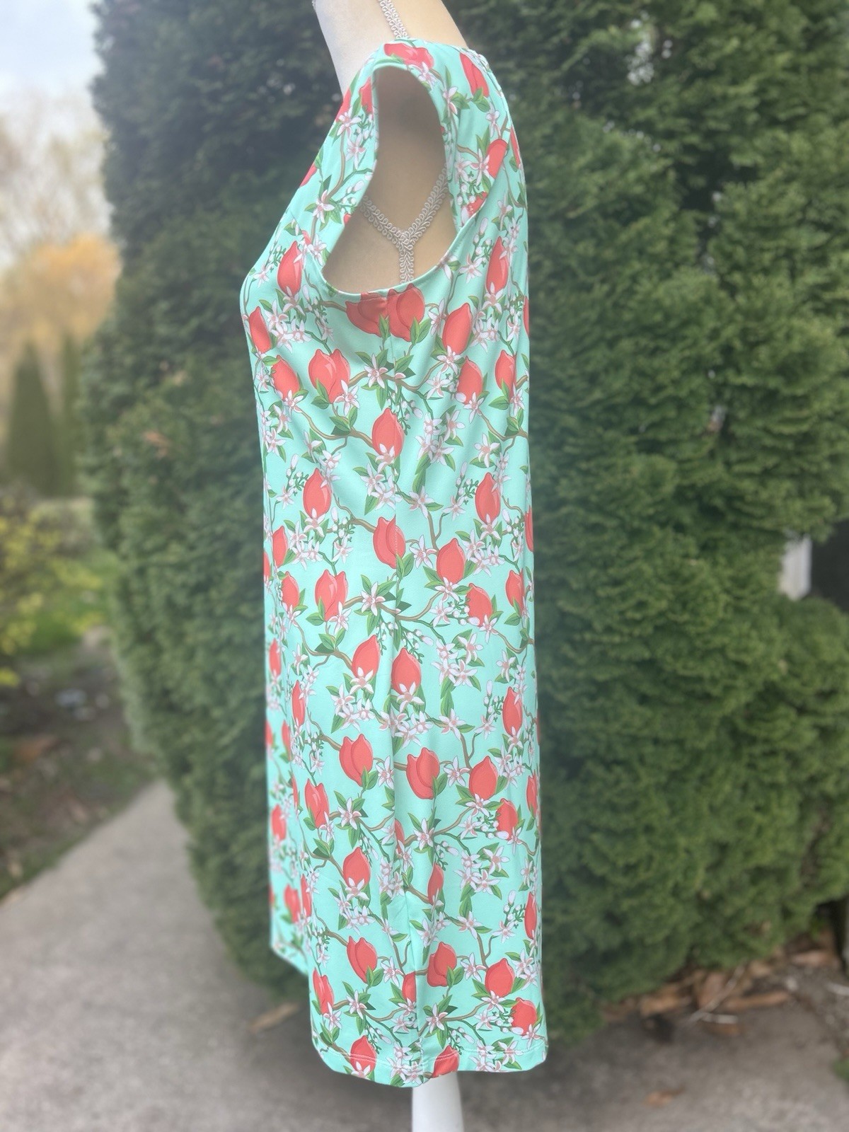 Jean-Pierre Klifa Paris Green w/Fruit & Flower Print Stretch Dress Size M Women