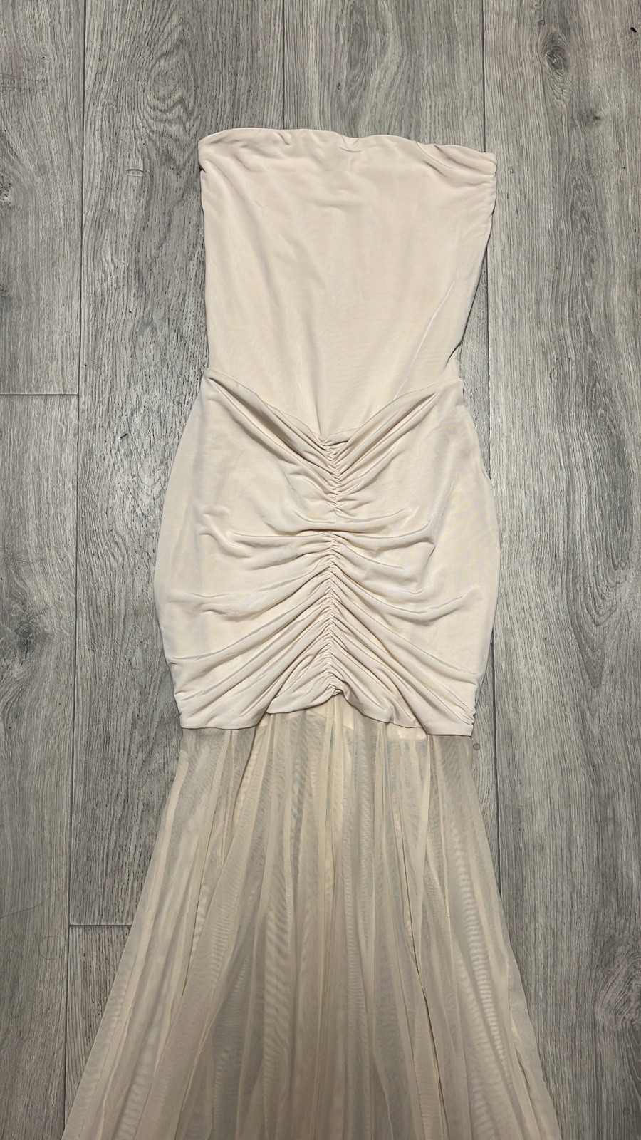 MESHKI Beige Strapless Ruched Stretch Mesh Maxi Dress Formal XS