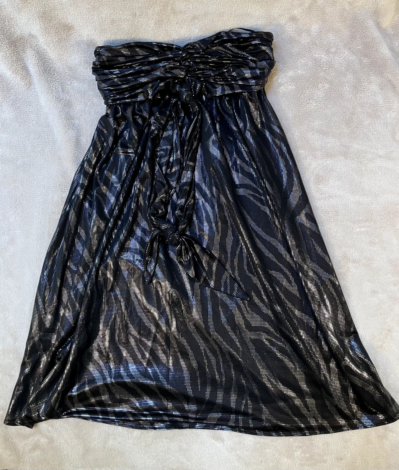 Express Black Shimmer Metallic Zebra Pattern Strapless Dress Size XS With Ties
