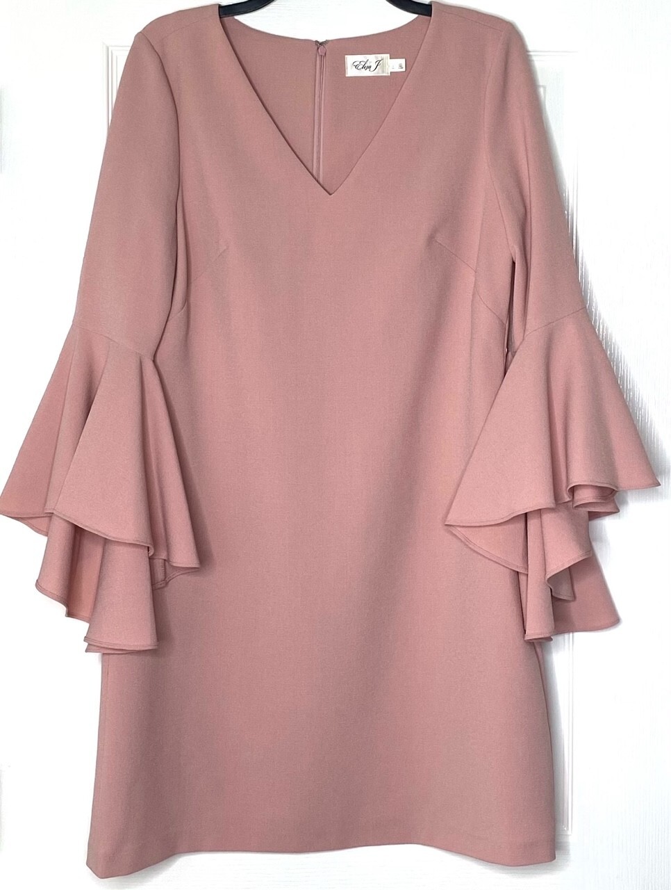 ELIZA J Pink Blush Ruffle V-Neck 3/4 Bell Sleeve Crepe Shift Sheath Dress 10 US
