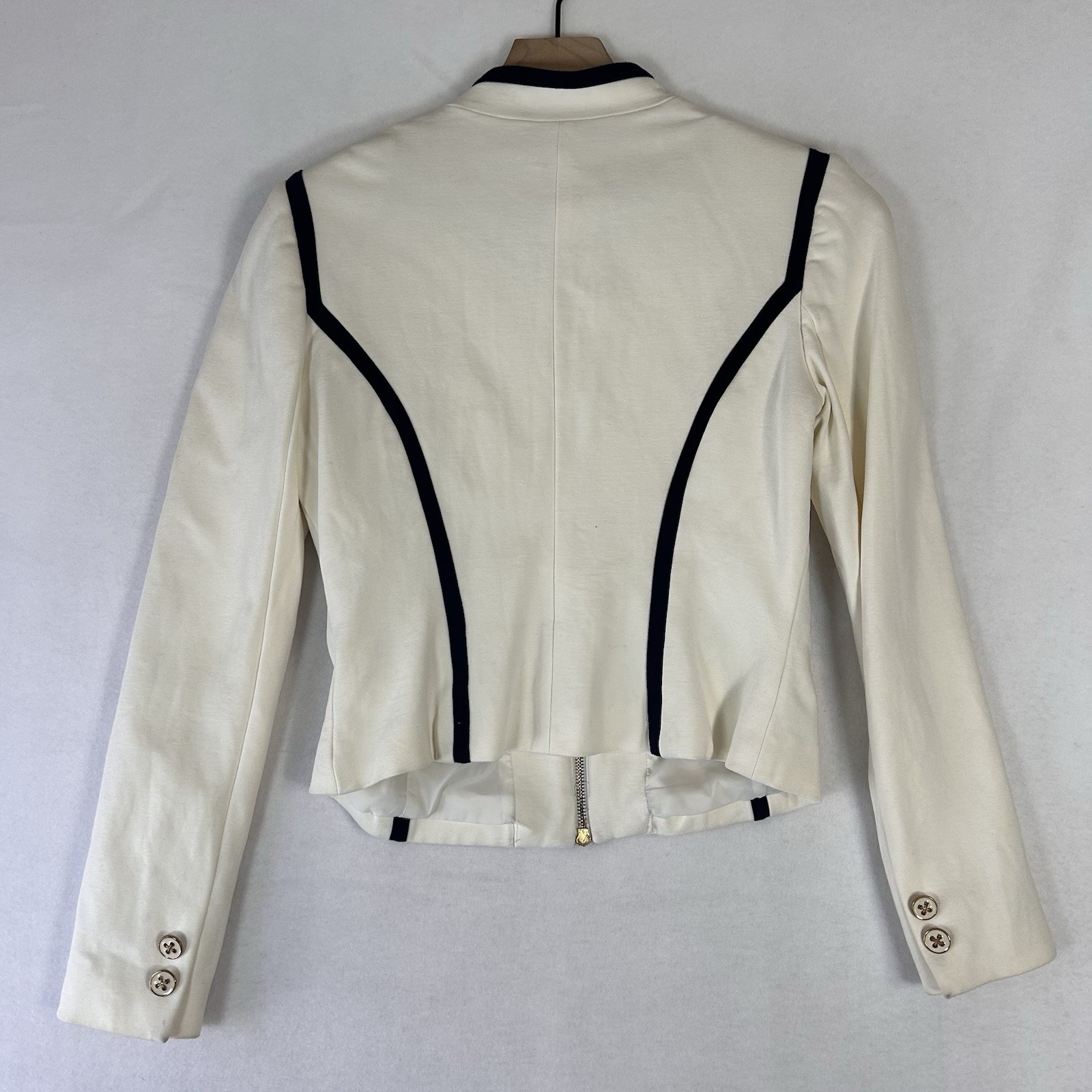 Cache Womens Blazer Size 4 White Black Trim Zip Cropped Military Jacket