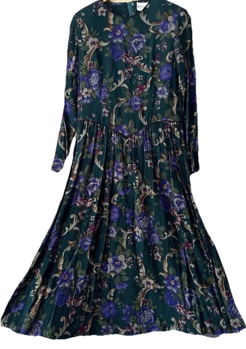 Bedford Fair Dress 10 Green Floral Midi 90s Y2K True Vintage Dark Academia
