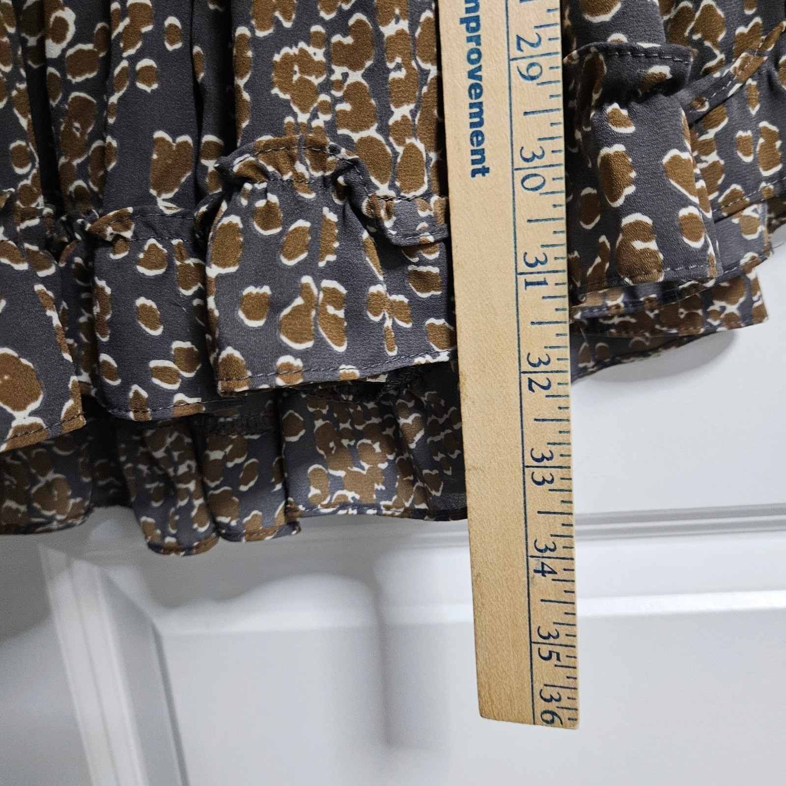 Buddy Love Romper Women Small Grey Brown Animal Print Bell Sleeve Smocked Ruffle