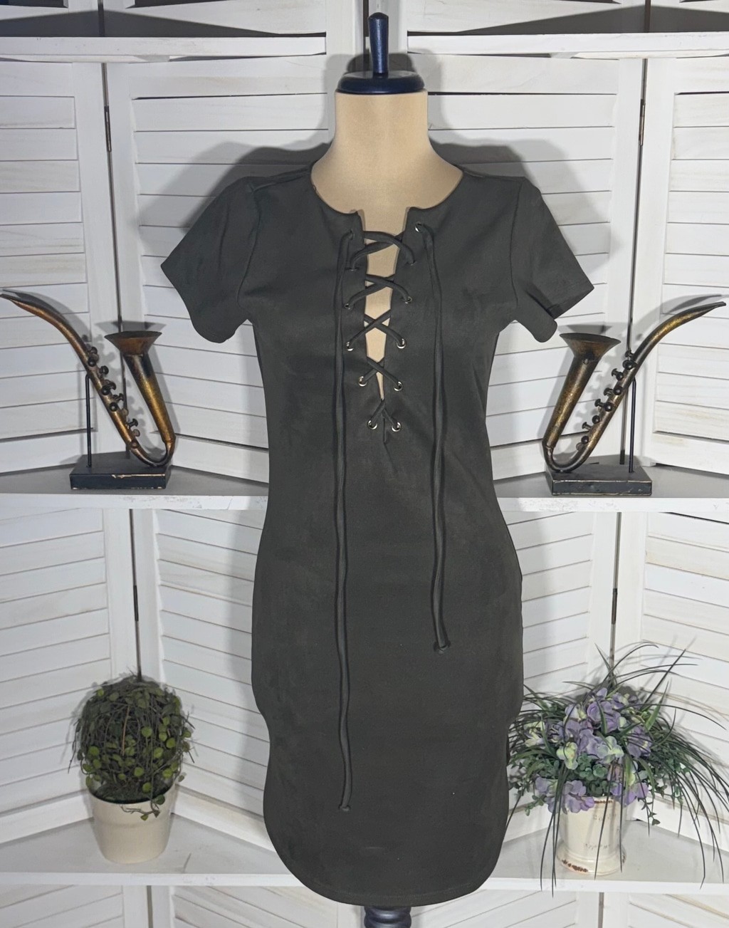 Vintage 90s Y2k dress faux suede green cage neck pixie fairy tinkerbell Ren Fair