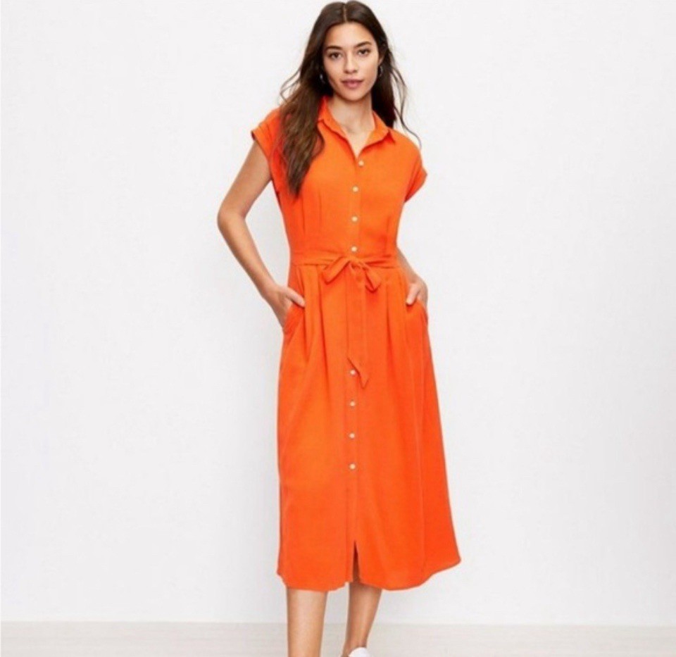 Loft Midi Shirt Dress Coral Gauzy Rayon Linen Boho Cottagecore Resort