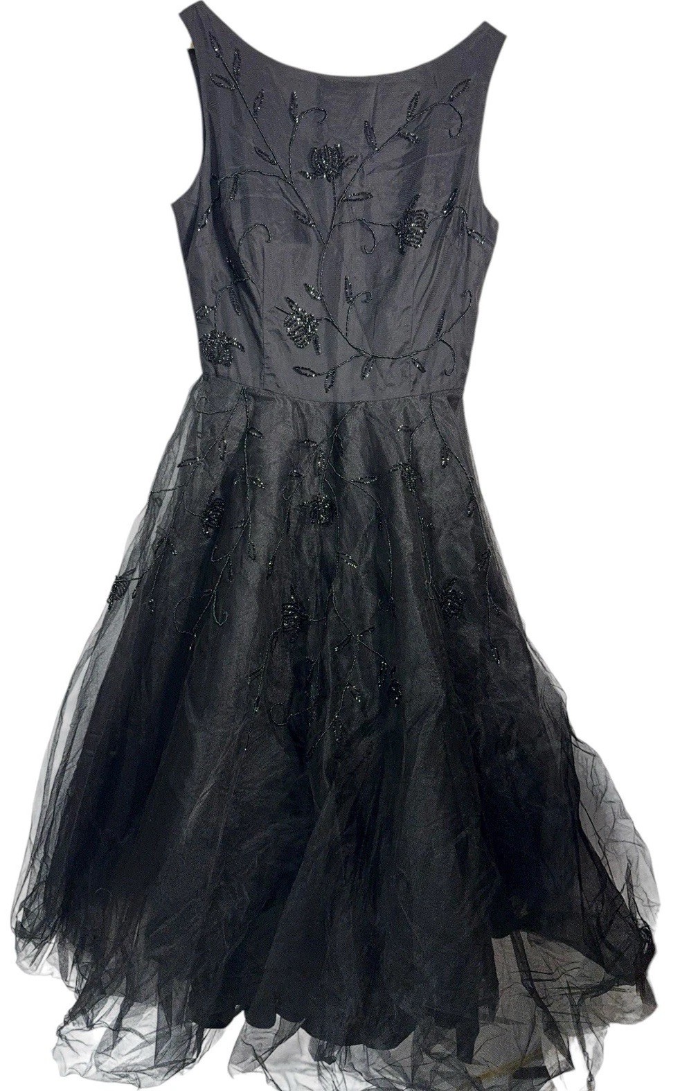 ABS Allen Schwartz Beaded Tulle Dress 10 Black Fit Flare Midi Formal Prom