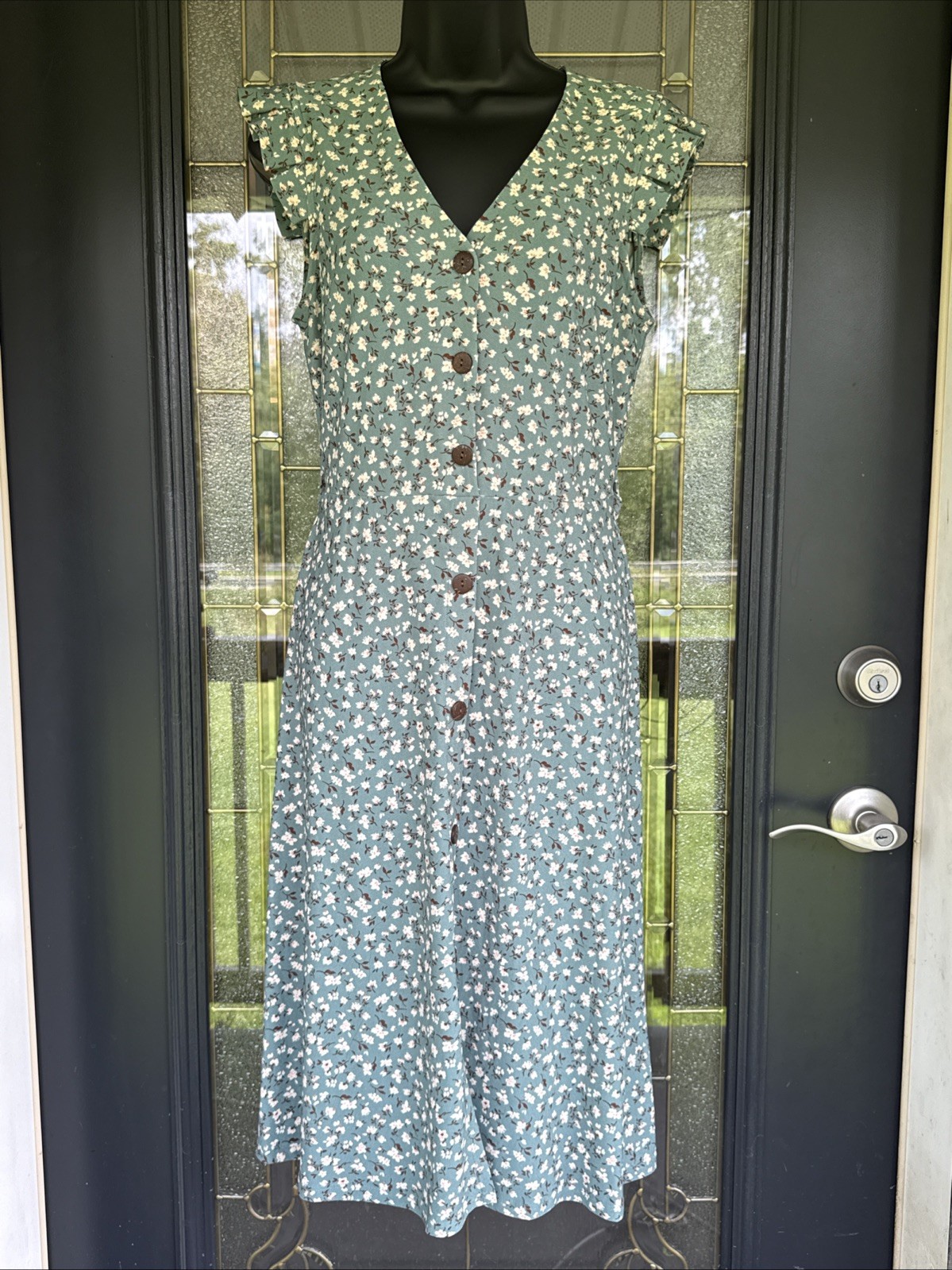 Monteau Cottagecore Midi Dress Womens M Green Floral Prairie Vintage Inspired
