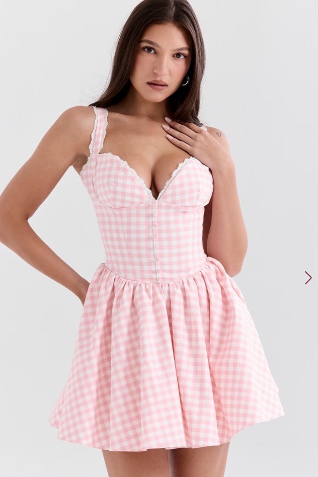 House Of Cb BRIGITTE Strawberry Shortcake Gingham Corset Mini Dress Size Medium