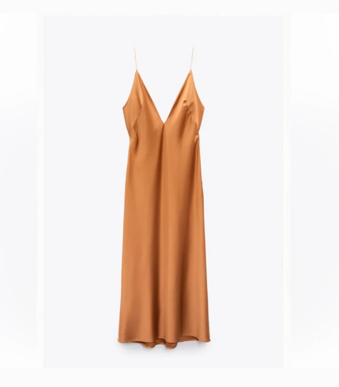 ZARA Honey Brown Satin Slip Maxi Dress Plunge V Neckline Adjustable Size S NWTD