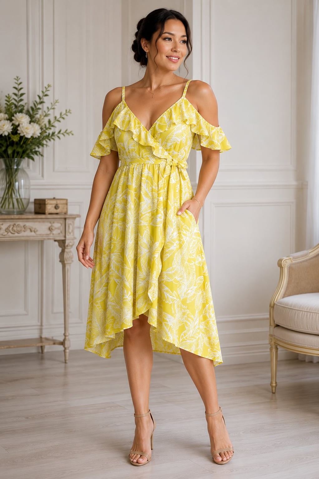 Torrid Yellow Leaf Print Chiffon Cold Shoulder Wrap Midi Dress