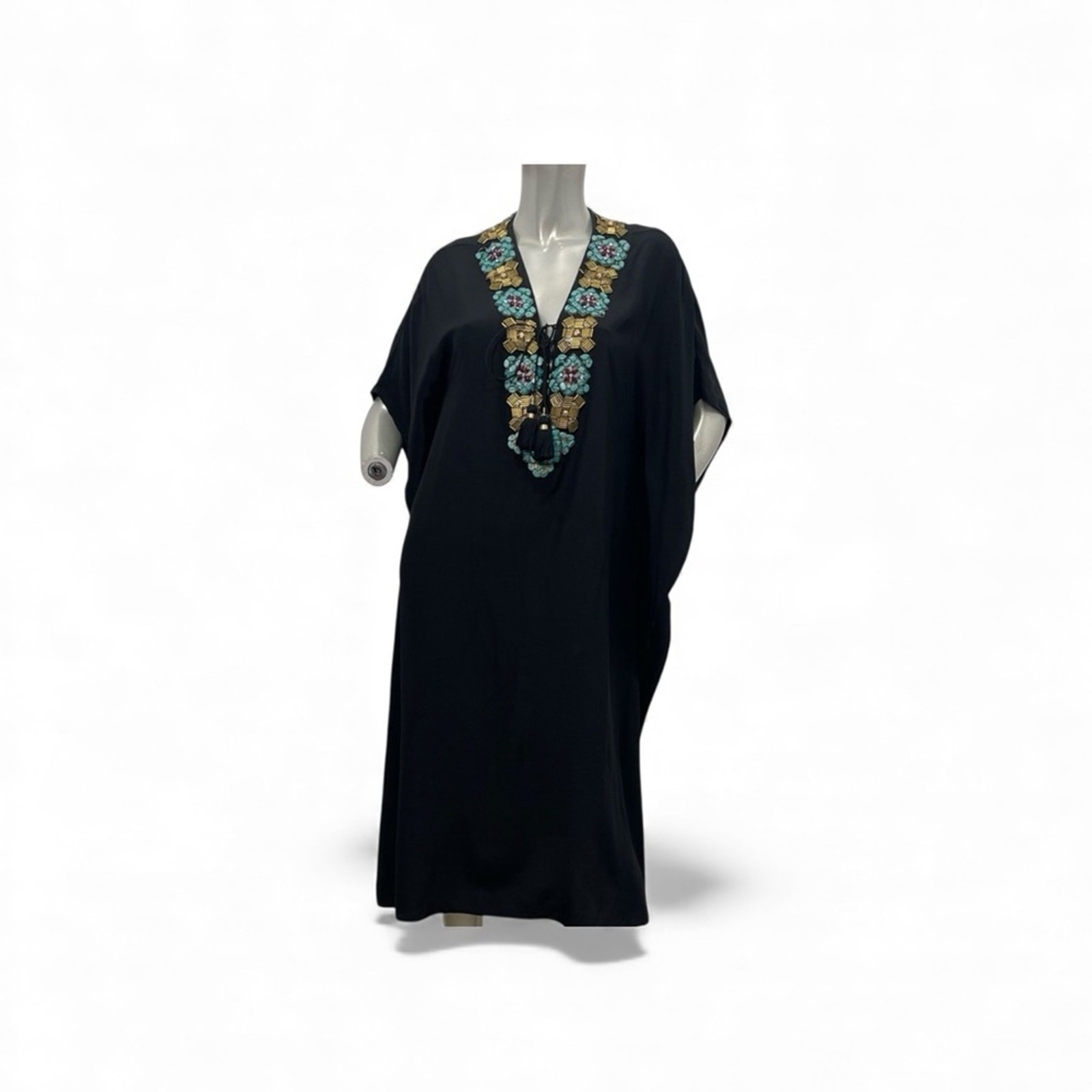 FIGUE Silk Black V-neck Heavy Beads Embellished Midi Kaftan Size XS/S