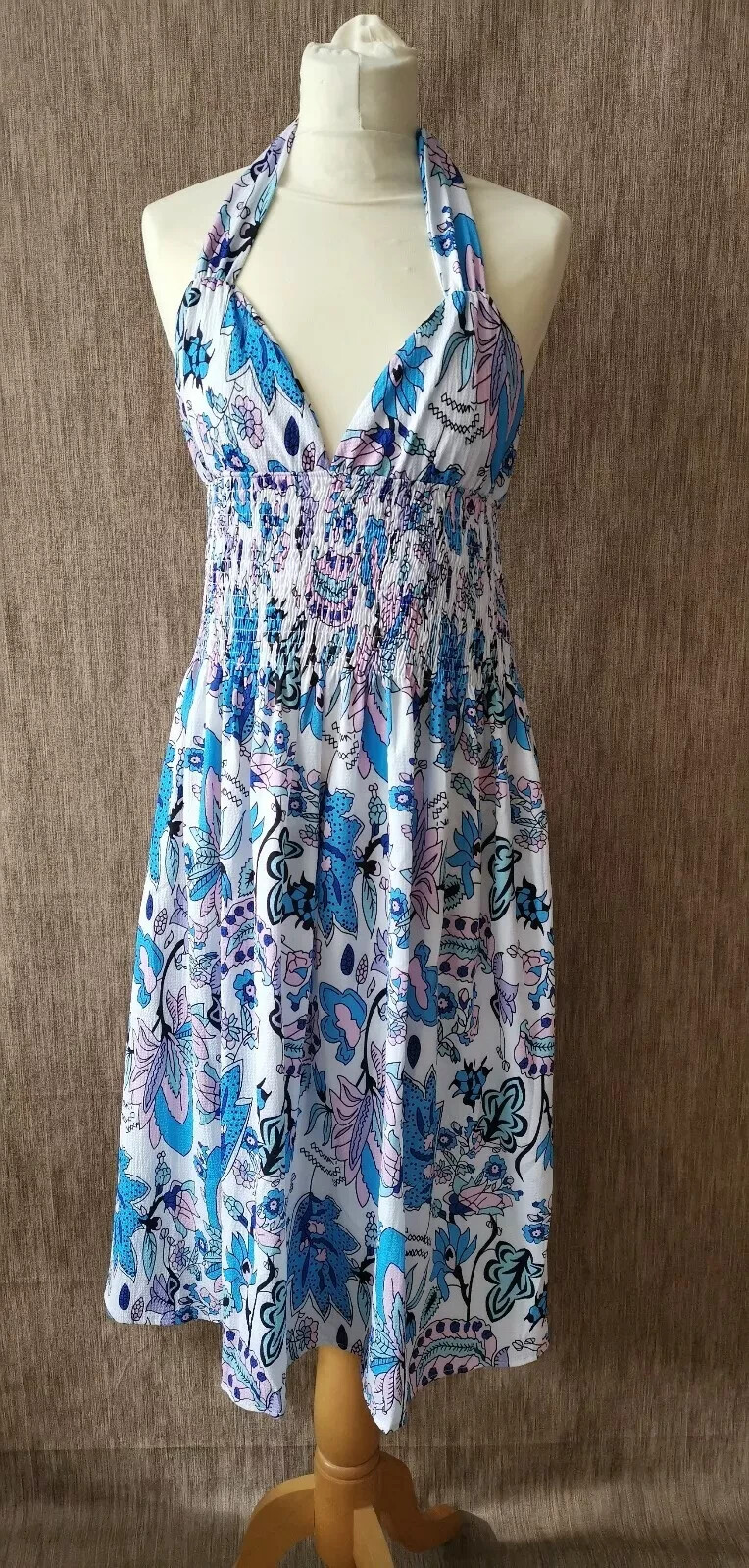 Womens blue white cotton midi dress sea summer floral halter neck size M unbrand