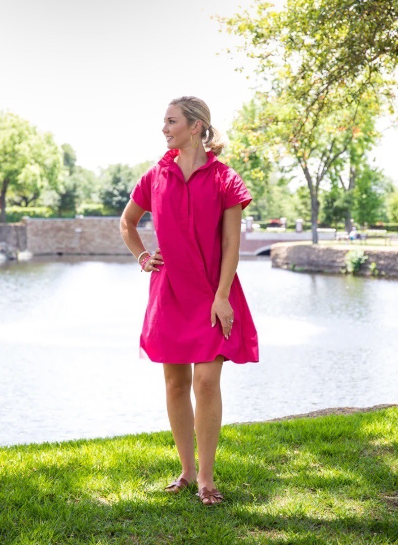 Caryn Lawn Womens Emily Fuchsia Ruffle Neck Poplin Shirt Dress One Size