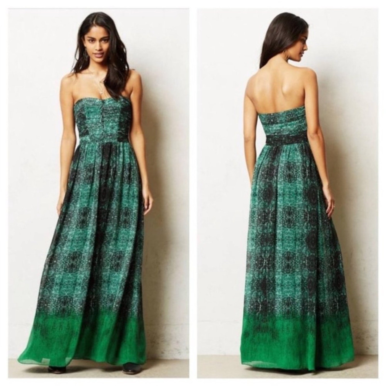 Anthropologie Moulinette Soeurs Vernalis green maxi dress strapless snakeskin 4P