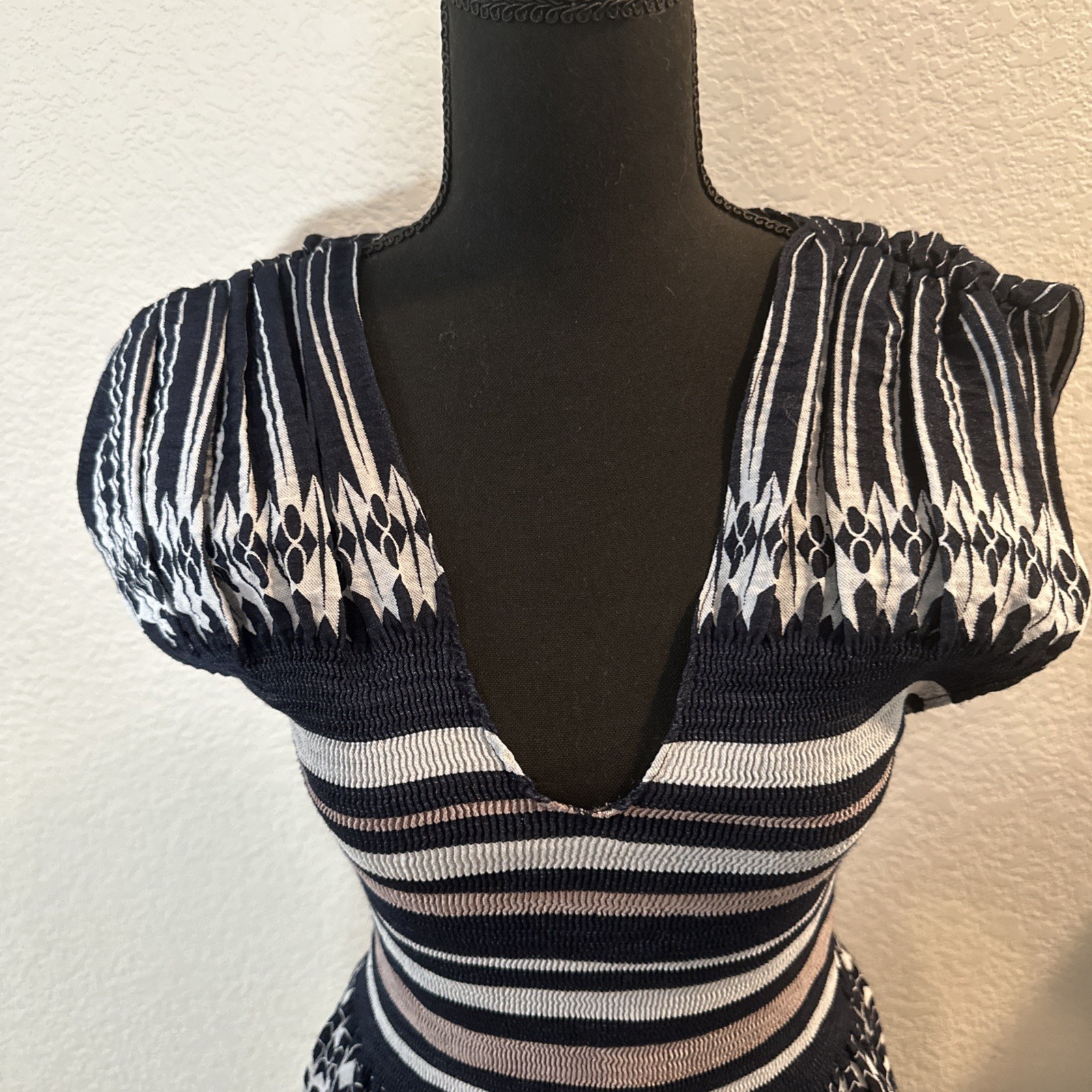 Max Edition Navy Pink Geo Stripe Fit Flare Stretch Dress Sz S