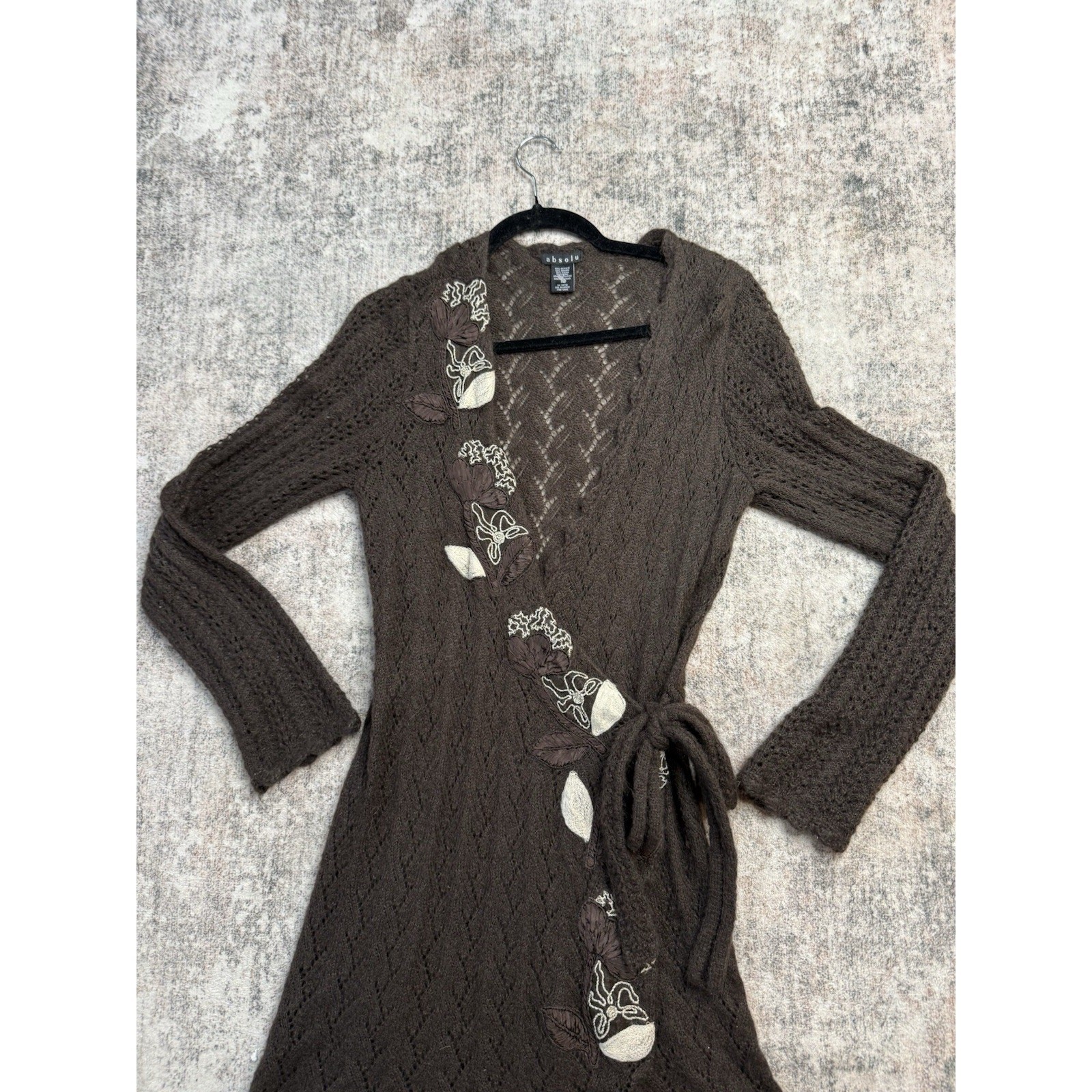 Wrap Longline Cardigan M Wrap Dress Mohair Brown Embroidered Open Knit Boho