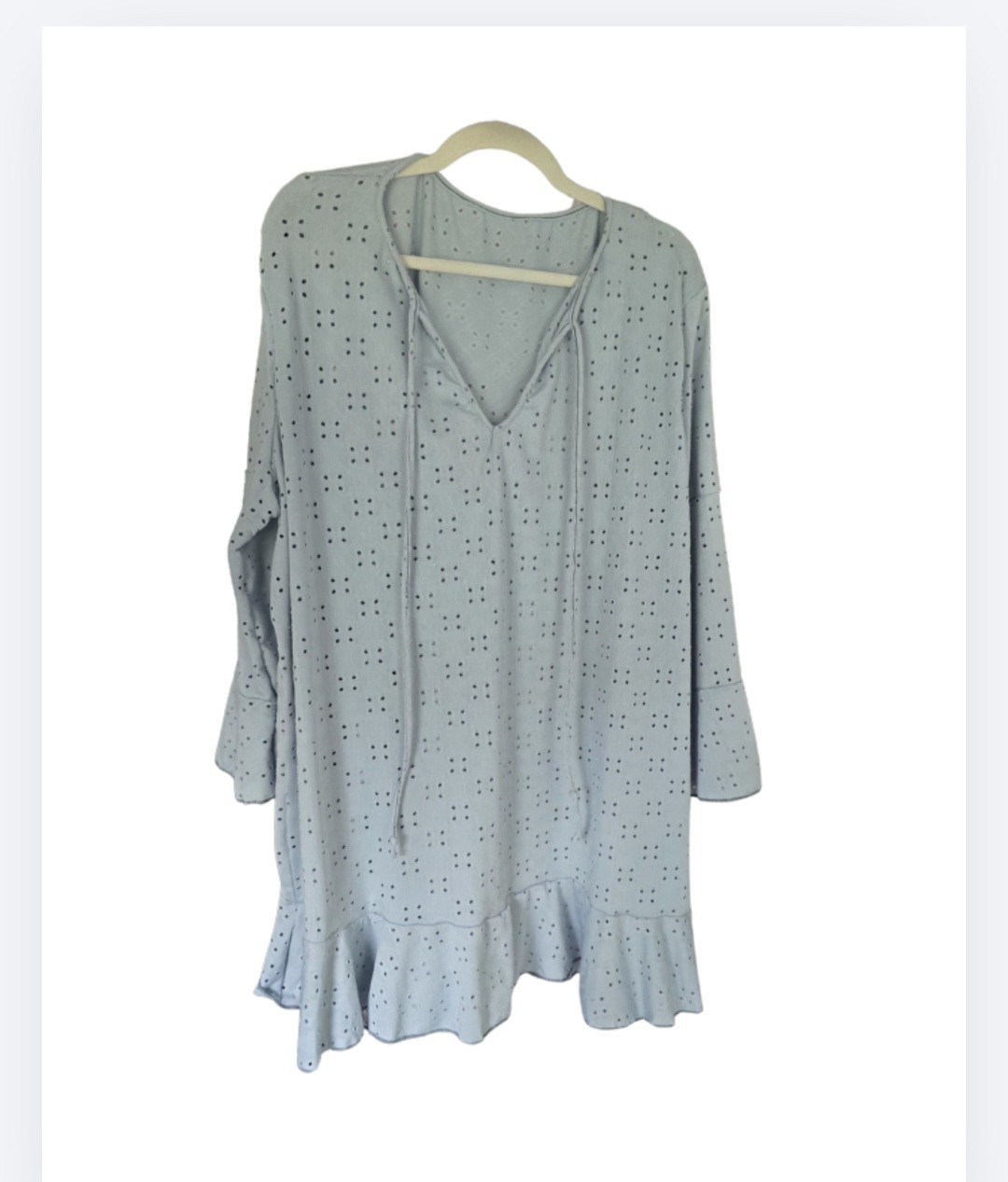 Shein Curve Blue Eyelet Cover Up Beach Dress Size 4XL Boho Ruffle Tunic