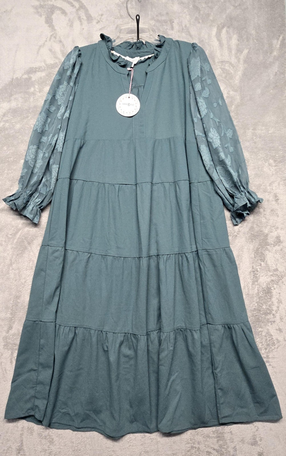 Umgee Dress Womens Size Medium Teal Green Tatum Tiered Mock Neck Midi Boho Style