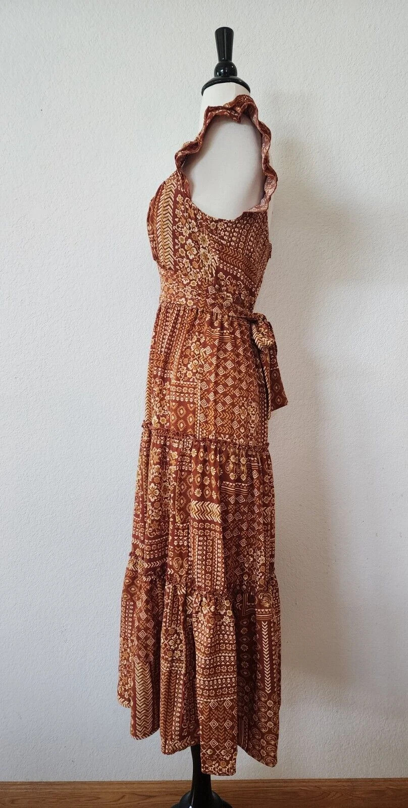 New Anthro Midi Dress New Size Large Bow Brown Romantic Coquette Garden