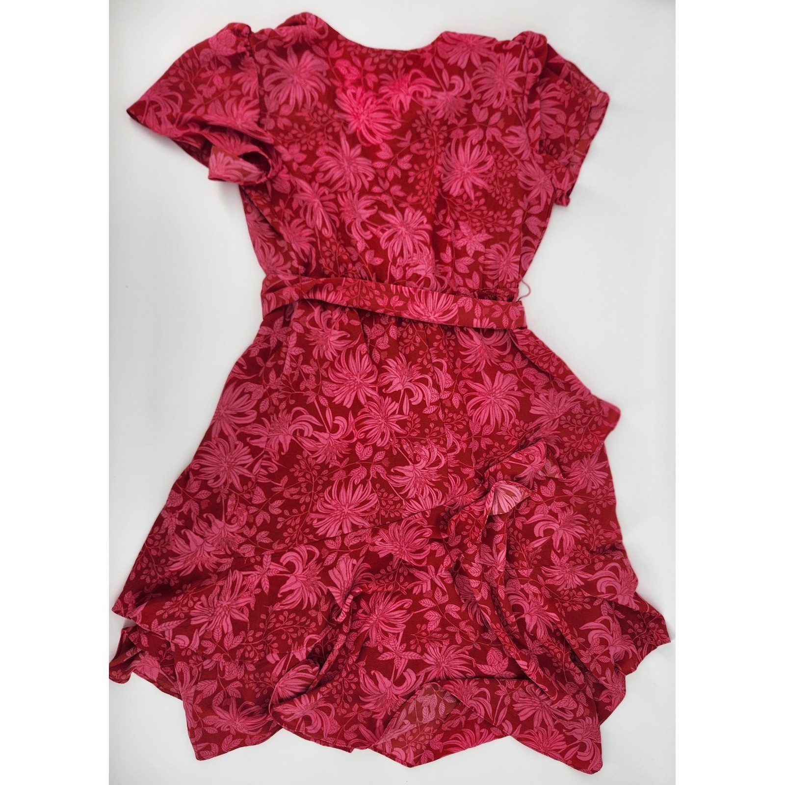 Sofia Jeans by Sofia Vergara Red Pink Floral Wrap Midi Dress Tiered Ruffle M