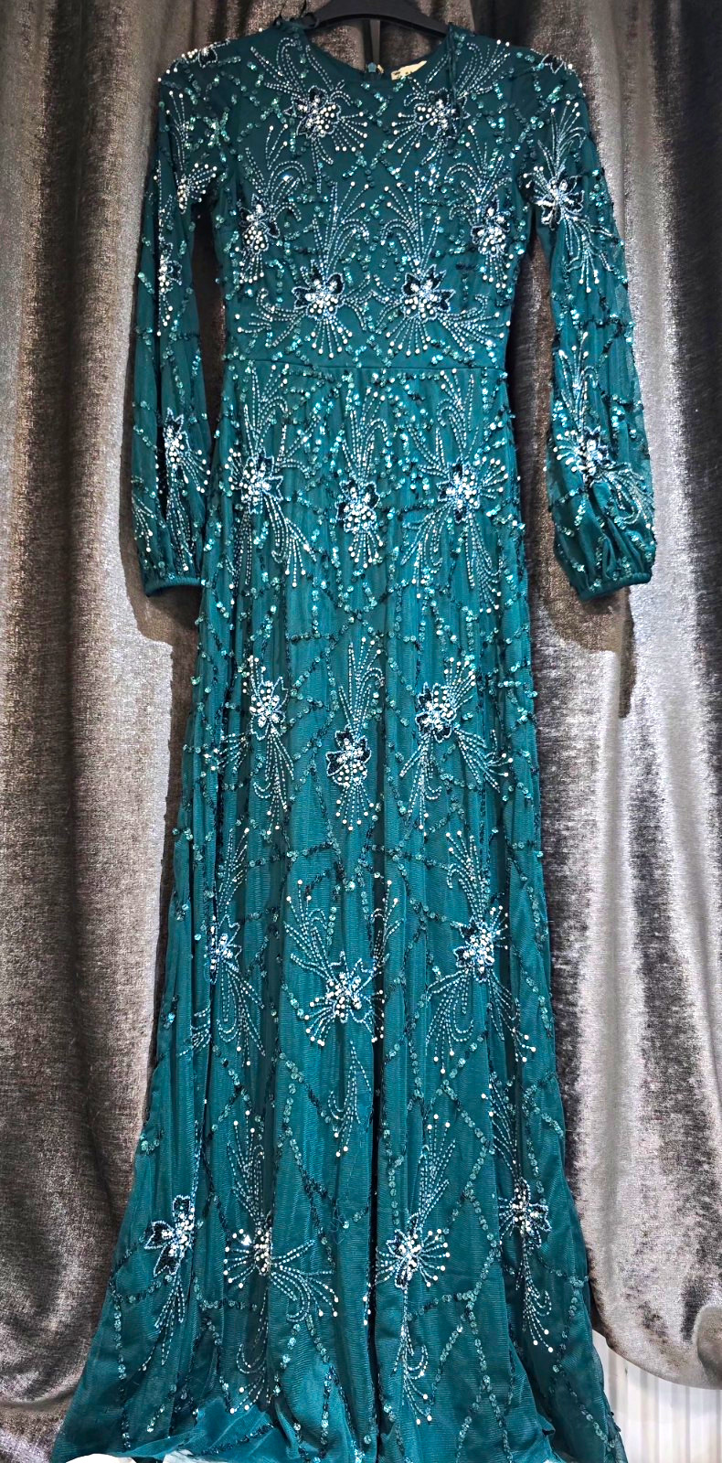 Green Sequin Beaded Round Neck Long Sleeve Floral Maxi Dress Formal Size 10 UK