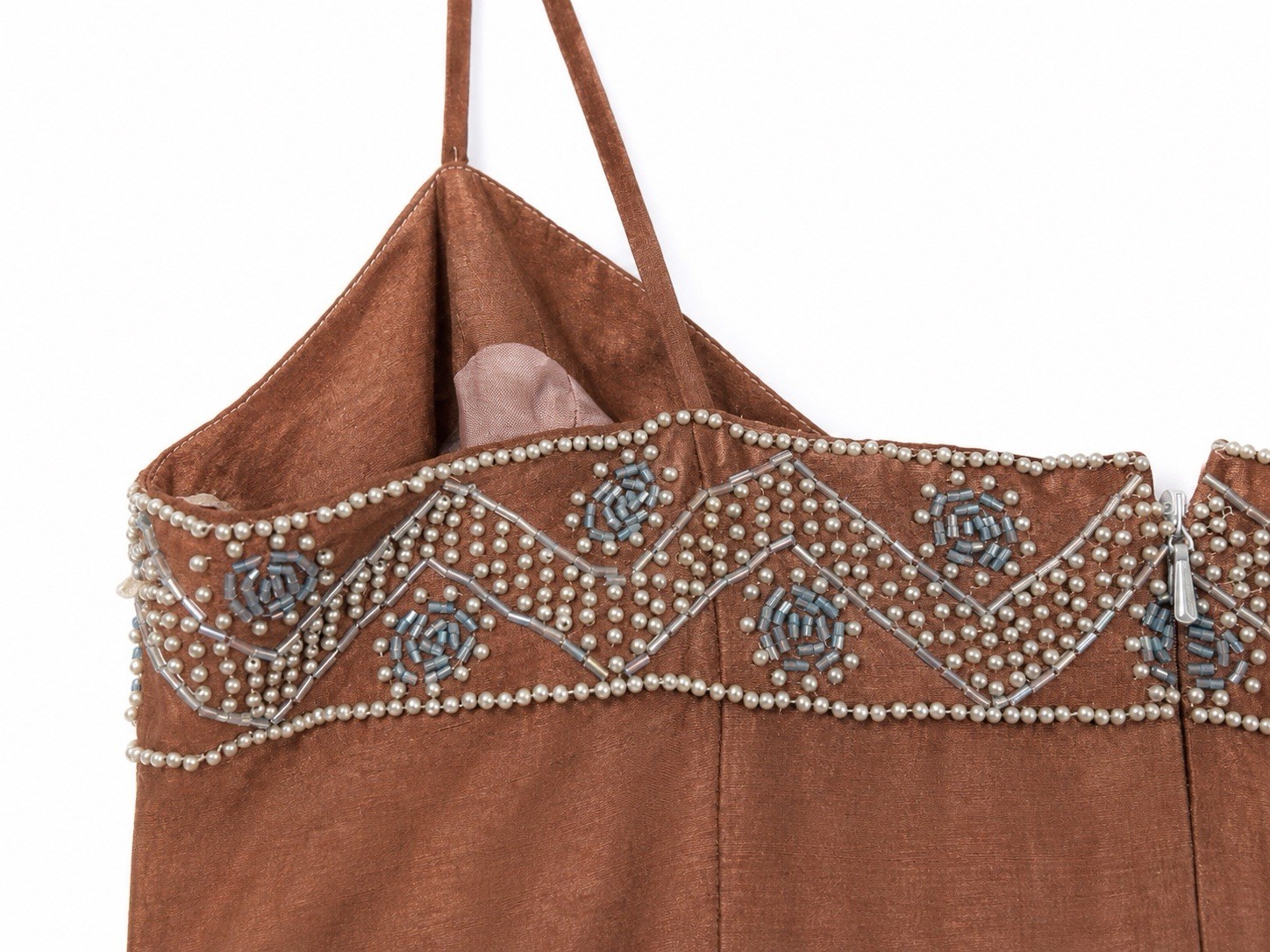 Vintage Nipon Night 100% Silk Beaded Slip Dress Y2K Bronze Brown Size 10