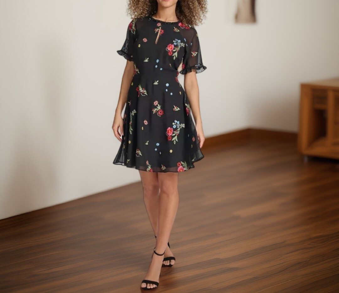 Kensie Womens Embroidered Chiffon Back Cutout Dress Black Multi Size 2 NWT