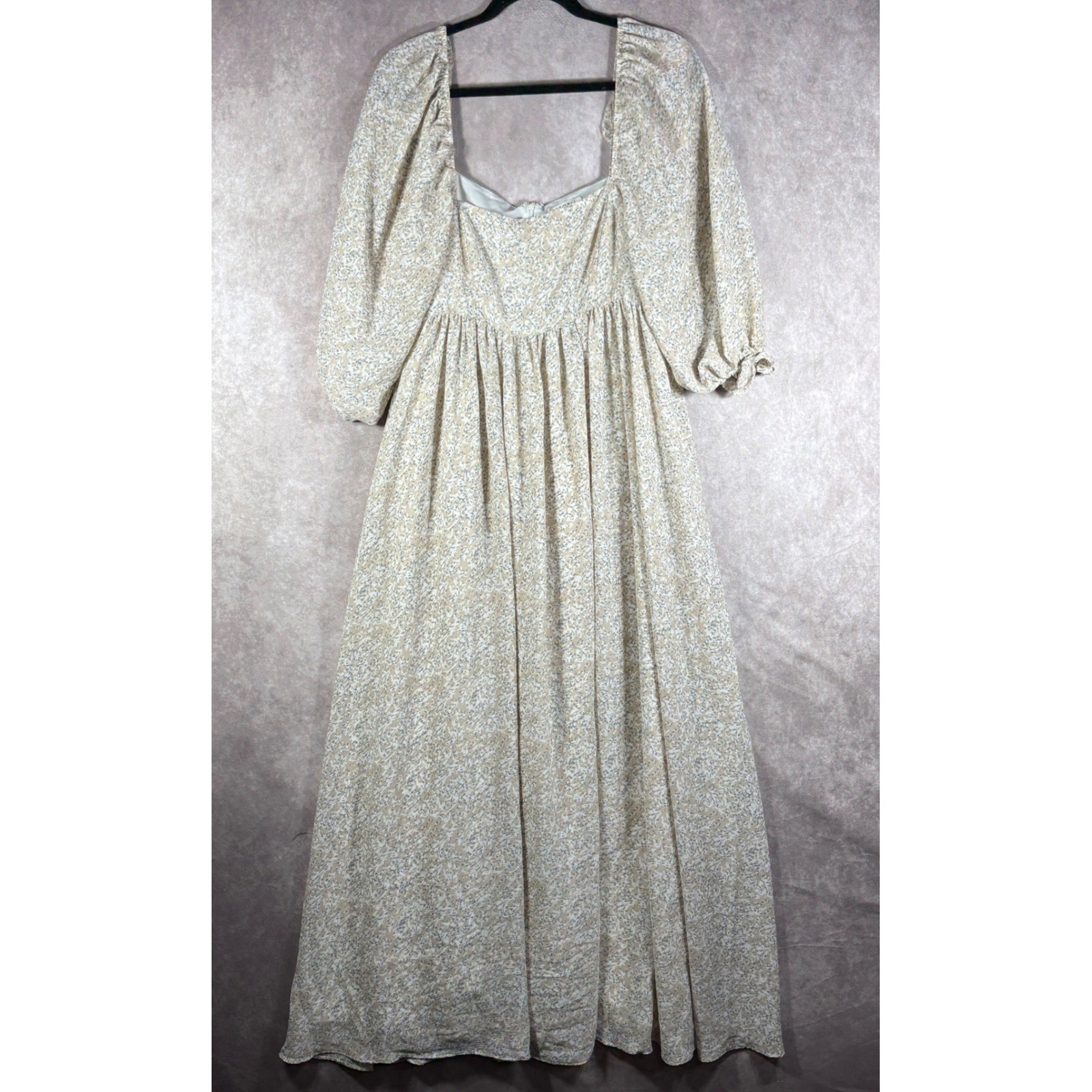 Storia Maxi Dress Women L Tan Floral Puff Sleeve Square Neck Boho Cottagecore