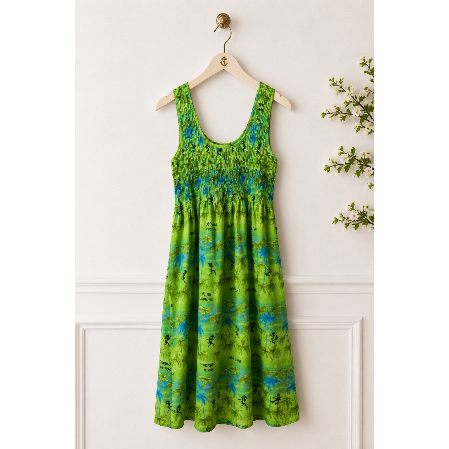 Rima Beachworld Green Tropical Palm Tree Smock Midi Dress Caribbean Me Crazy OS