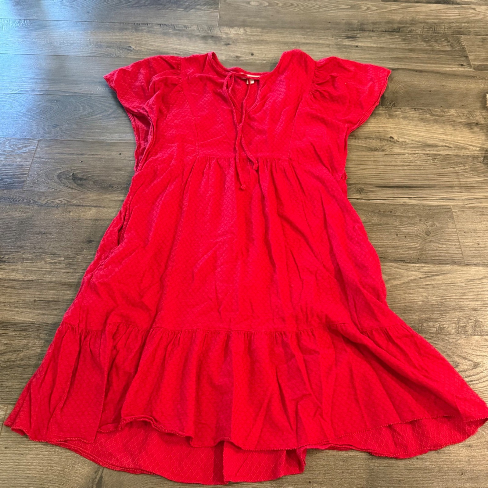 Knox Rose Red Jacquard Tiered Babydoll Dress Flutter Sleeve Small Pockets