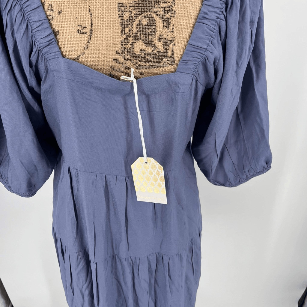 NWT Beyond Words Womens Square Neck Puff Sleeves Tiered Mini Dress purple Medium