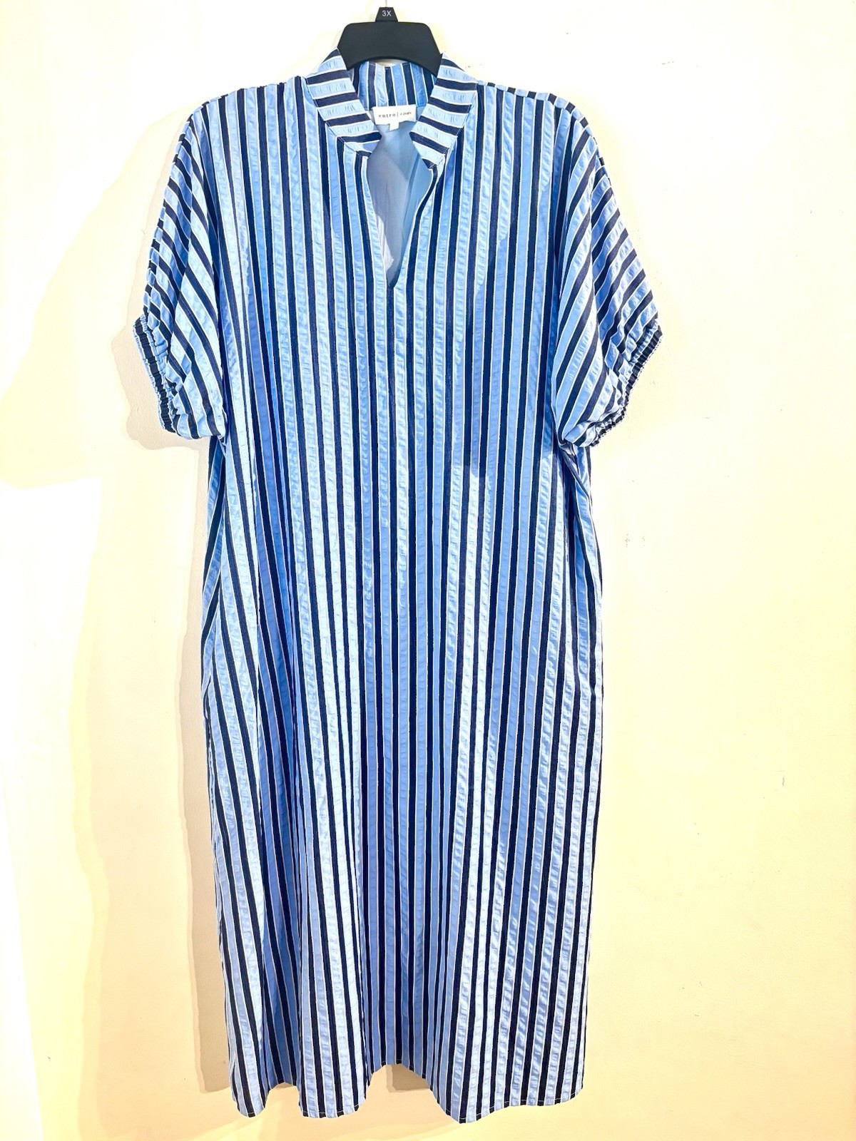 Entro Everyday Ease Seersucker Blue Stripe Dress w/ Stand Collar XL