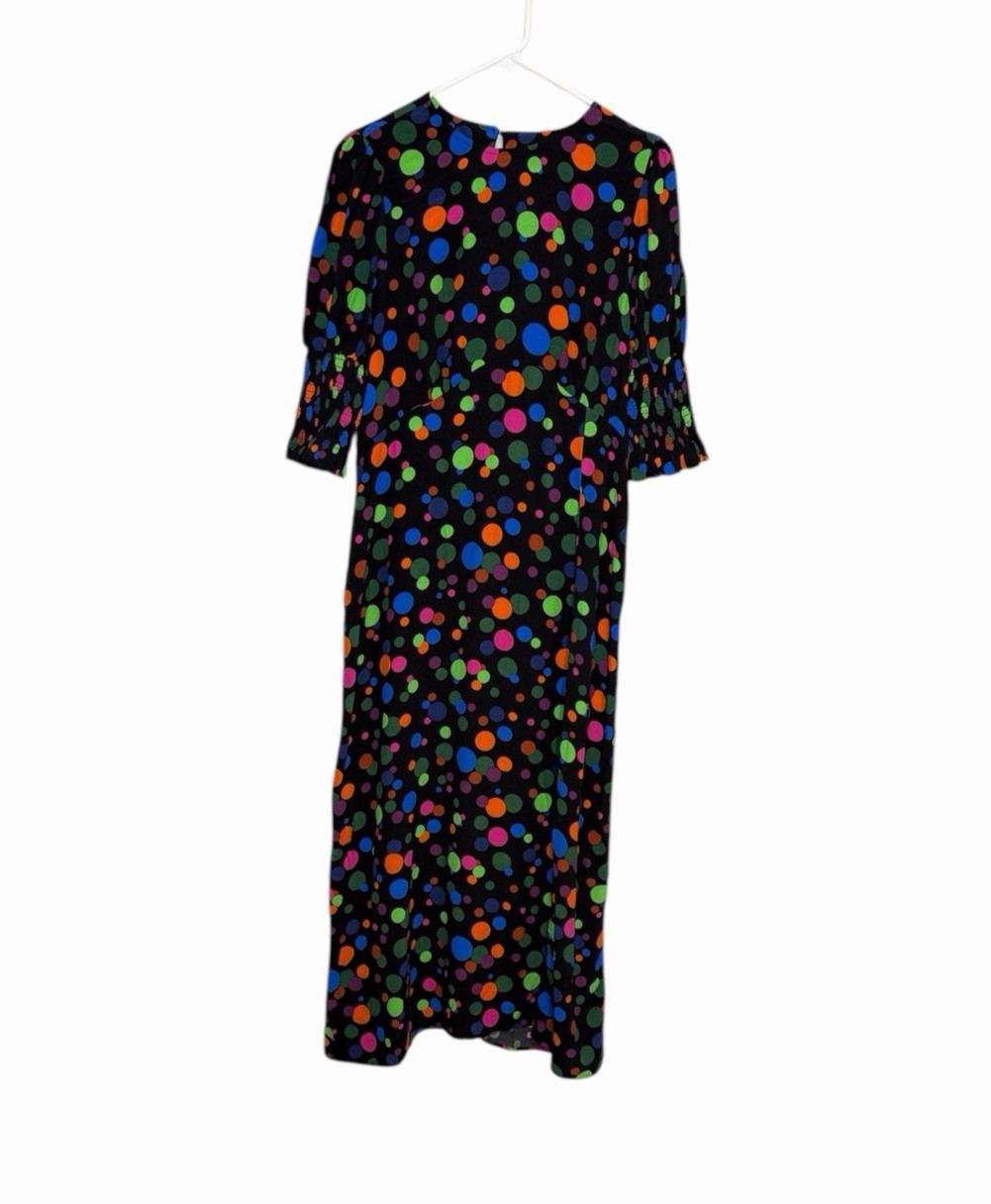 Nobody’s Child Black Multi Dot Luna Midi Dress 8 NEW Half Sleeve Green Pink Blue