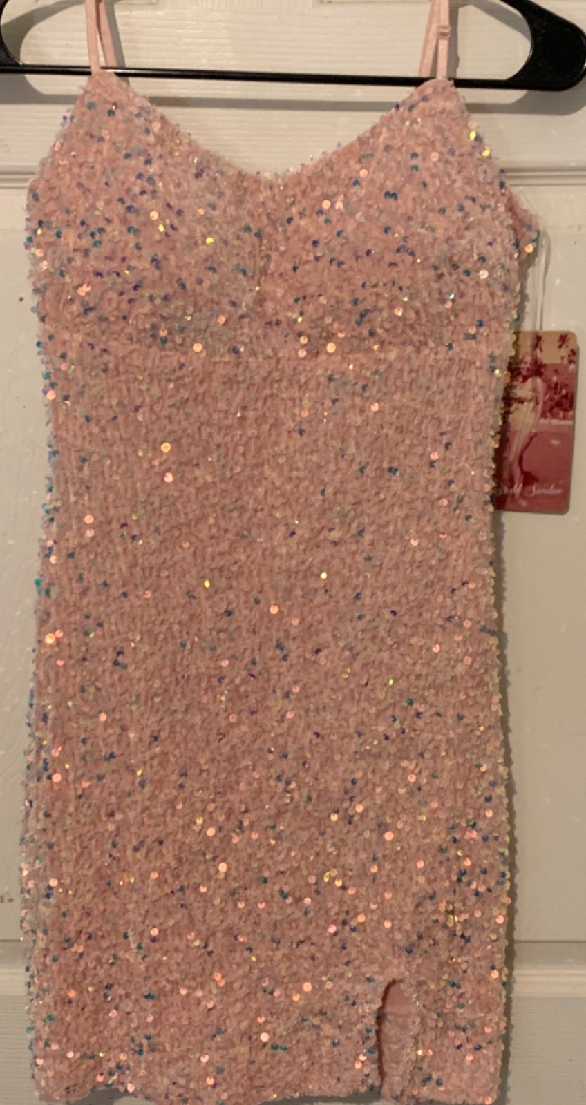 NWT Emerald Sundae Pink Sequin Mini Dress Womens Size M Stretch Built in Bra