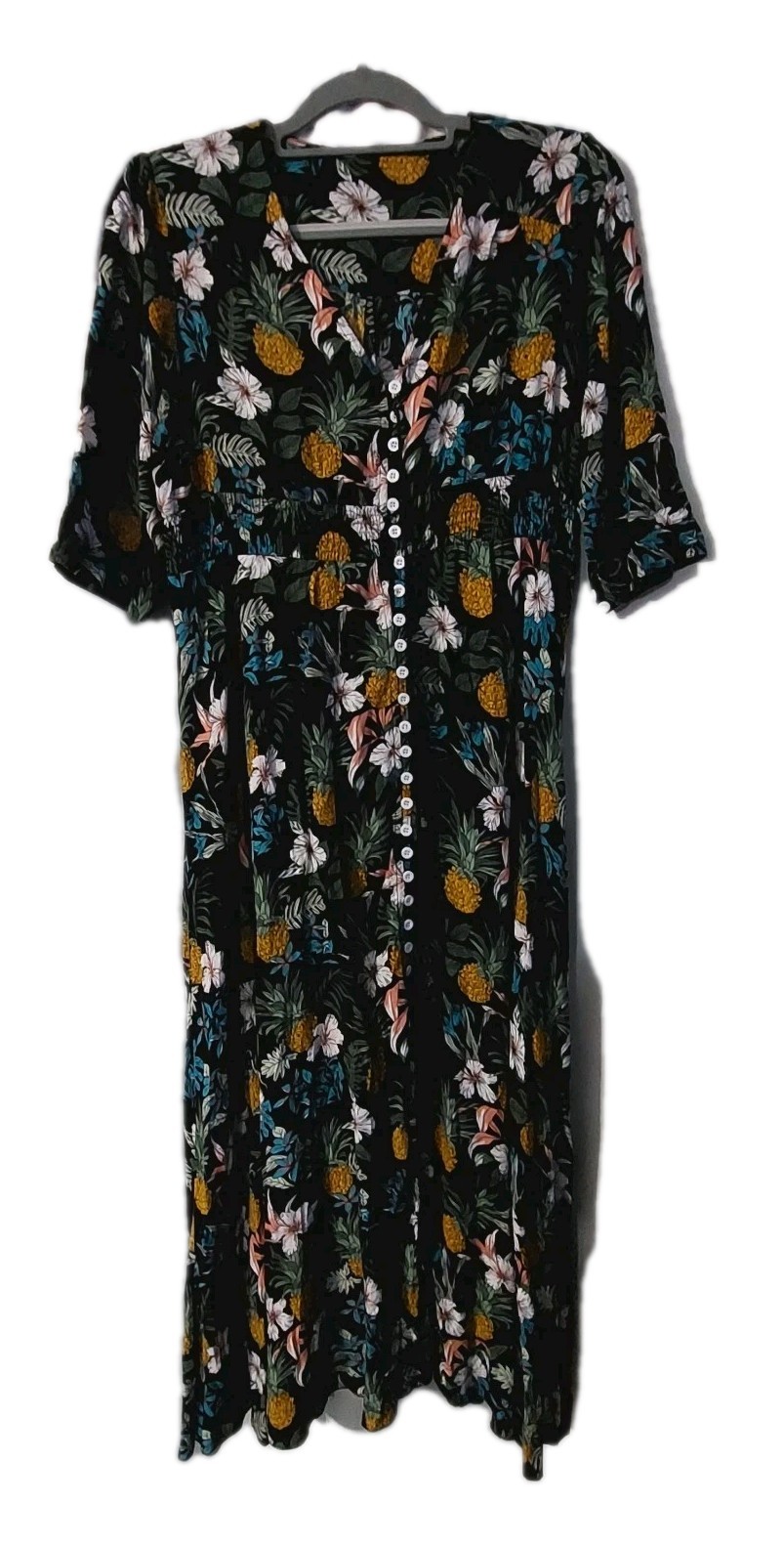 Womans Maxi Dress Size Large Button Up Floral A Line Length 50″ 3/4 Sleeve
