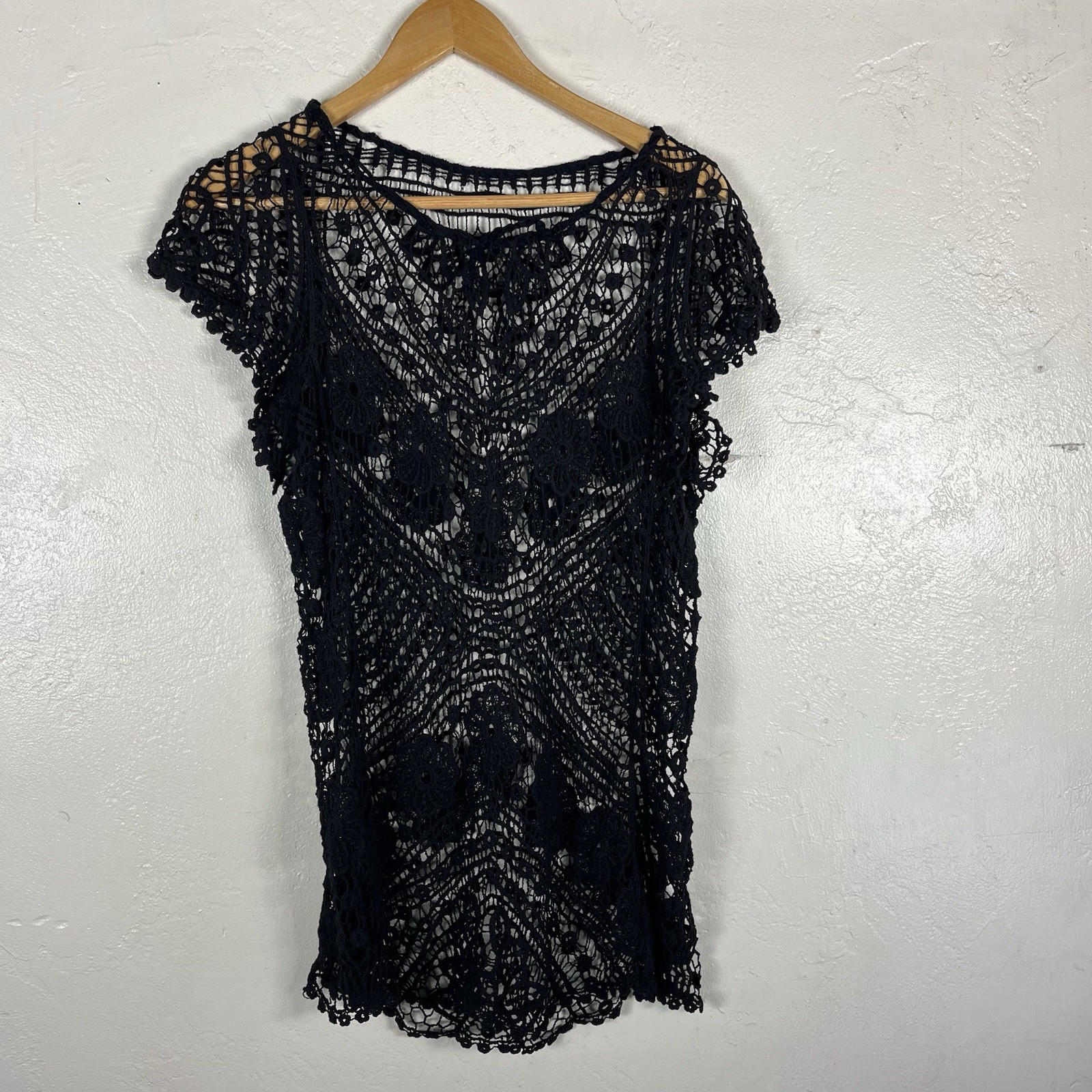 Handmade Black Crochet Lace Swim Cover Up Boho Floral Beach Tunic One Size