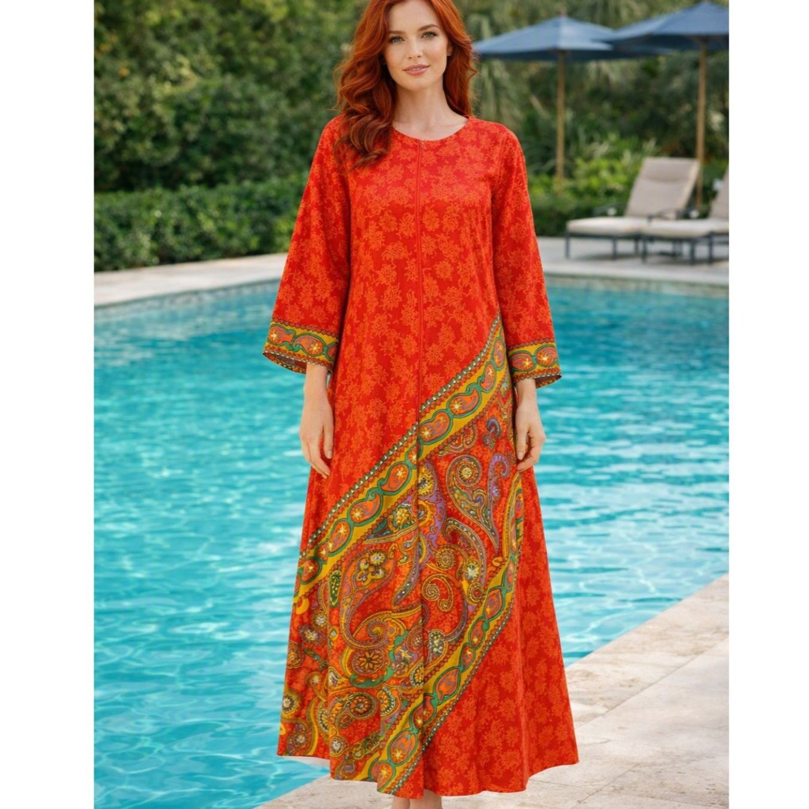 Georgie Keyloun Red Paisley Caftan Sz M Partial Zip Up Front Pockets Bohemian
