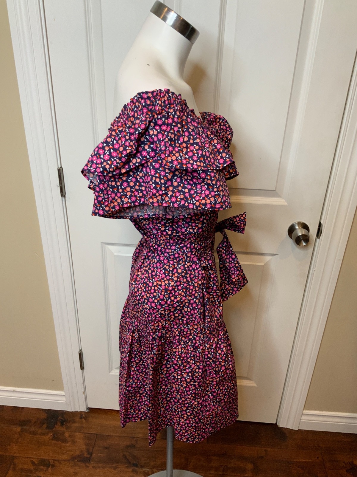 Draper James Blue Pink Poppy Ruffle Sawyer Dress, Size M