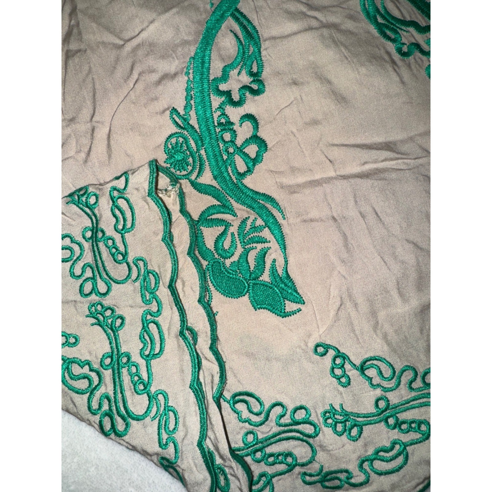 Urban Mango Women Beige Green Embroidered Cotton Tunic Dress Large NEW