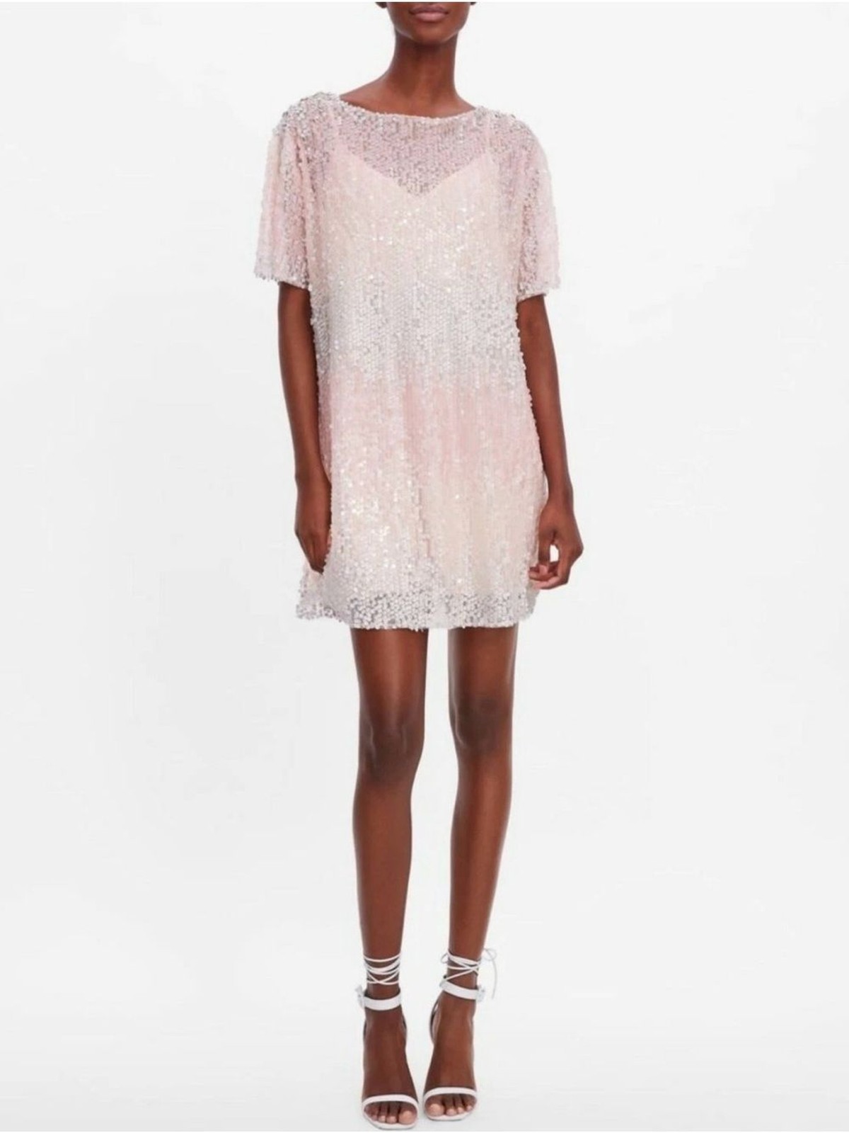 Zara Pink Sequin Shift Dress S Small Shiny Ombre Glitter Mesh Short Sleeve NWOT