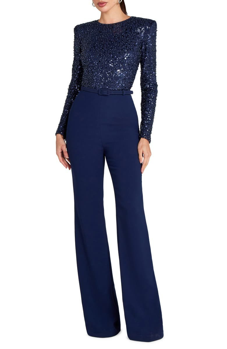 Nadine Merabi Misha Belted Long Sleeve Flare Jumpsuit- Size 10 . ( LK# 1173 A)