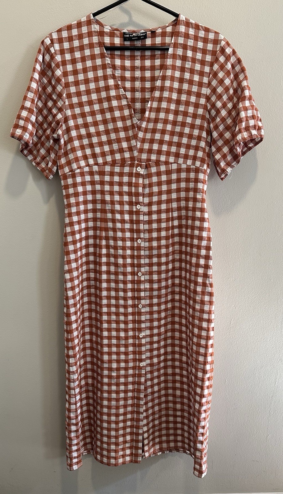 The Fifth Label Gingham Midi Dress Rust White Button Front Spring Summer Size 8