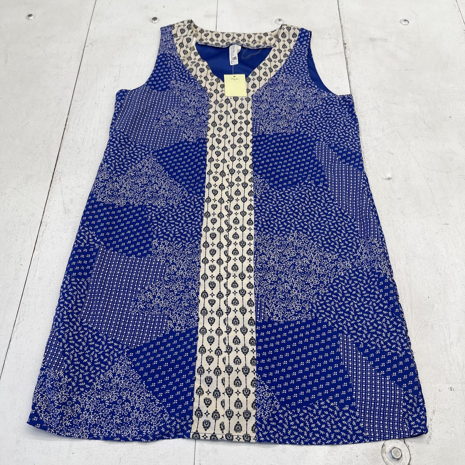 Pink Owl Dress Womens L Blue Patchwork Sleeveless V Neck Shift Lined Short
