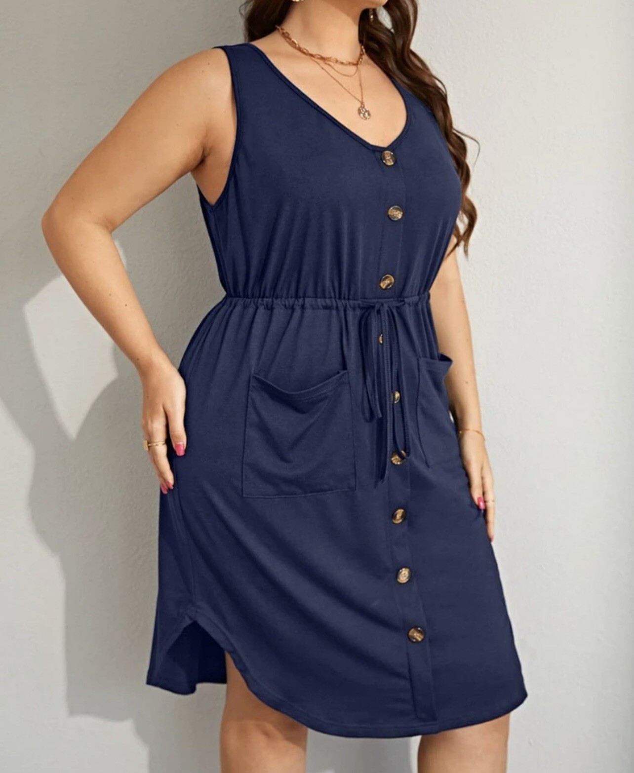 Shein Blue Button Front Pocket Sleeveless Drawstring Asymmetrical Dress Size 1XL