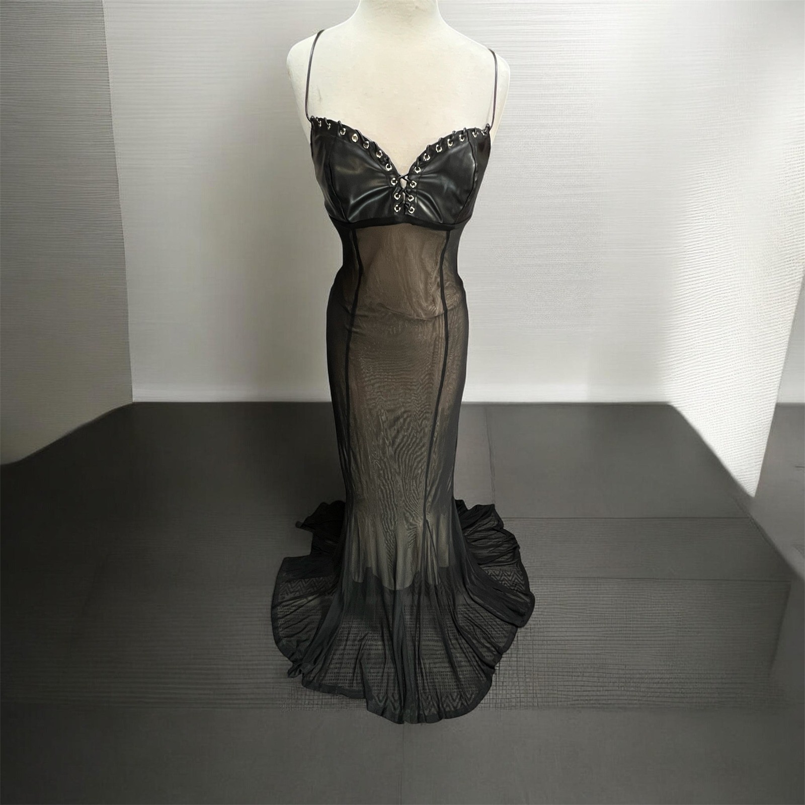 Vegan Leather Sheer Lace Up Mesh Maxi Dress Sz M Goth Vamp Mermaid Prom Club Dom