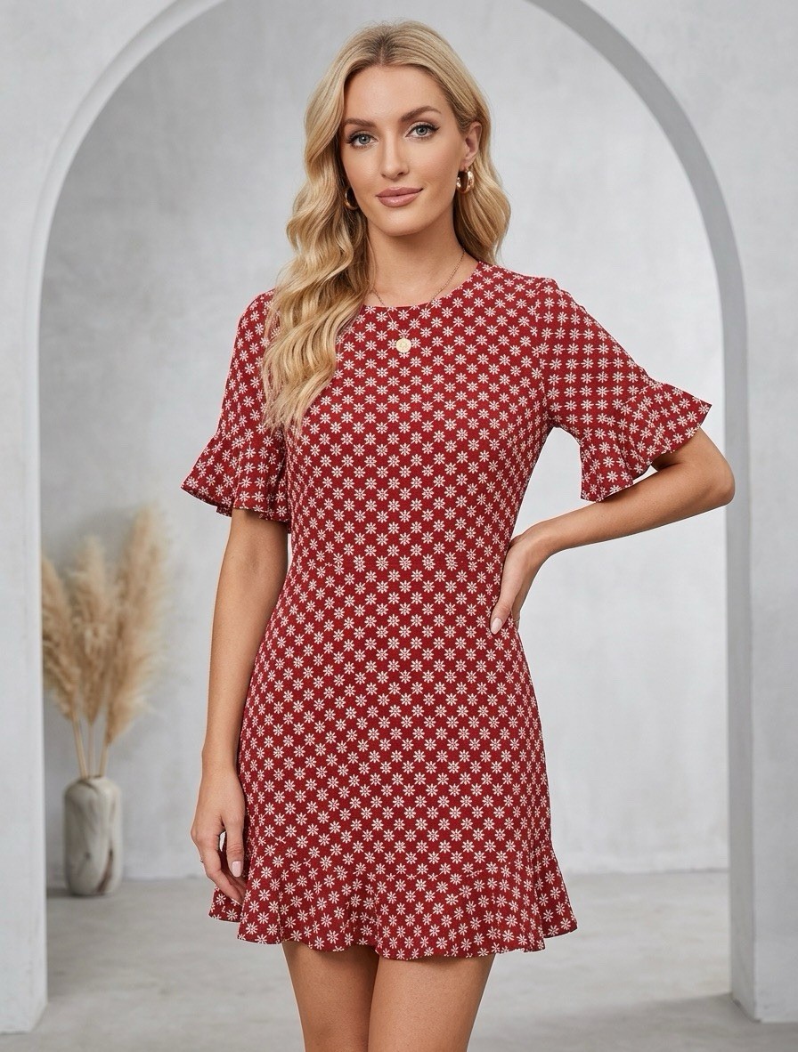 Womens Red Floral Embroidered Ruffle Mini Dress Size 9/10 Y2K Romantic Whimsy