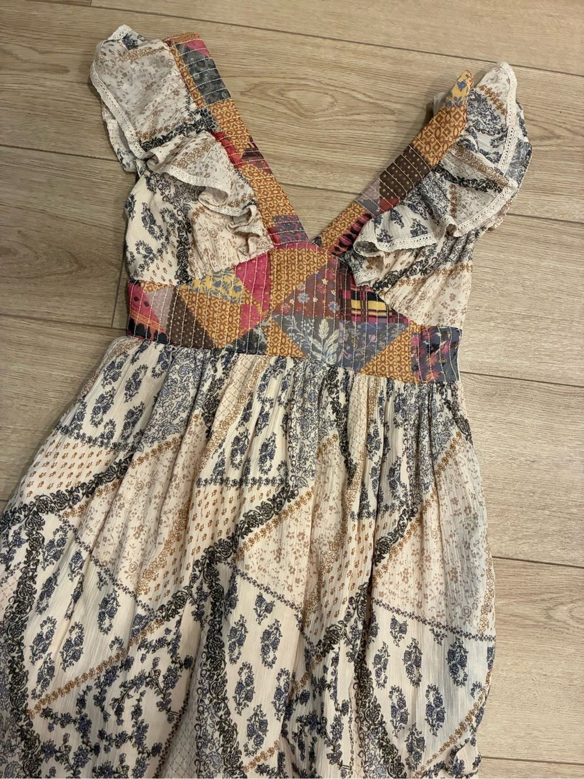 Let Me Be x Anthropologie Quilted Ruffle Patchwork Maxi Dress Size XS *FLAW
