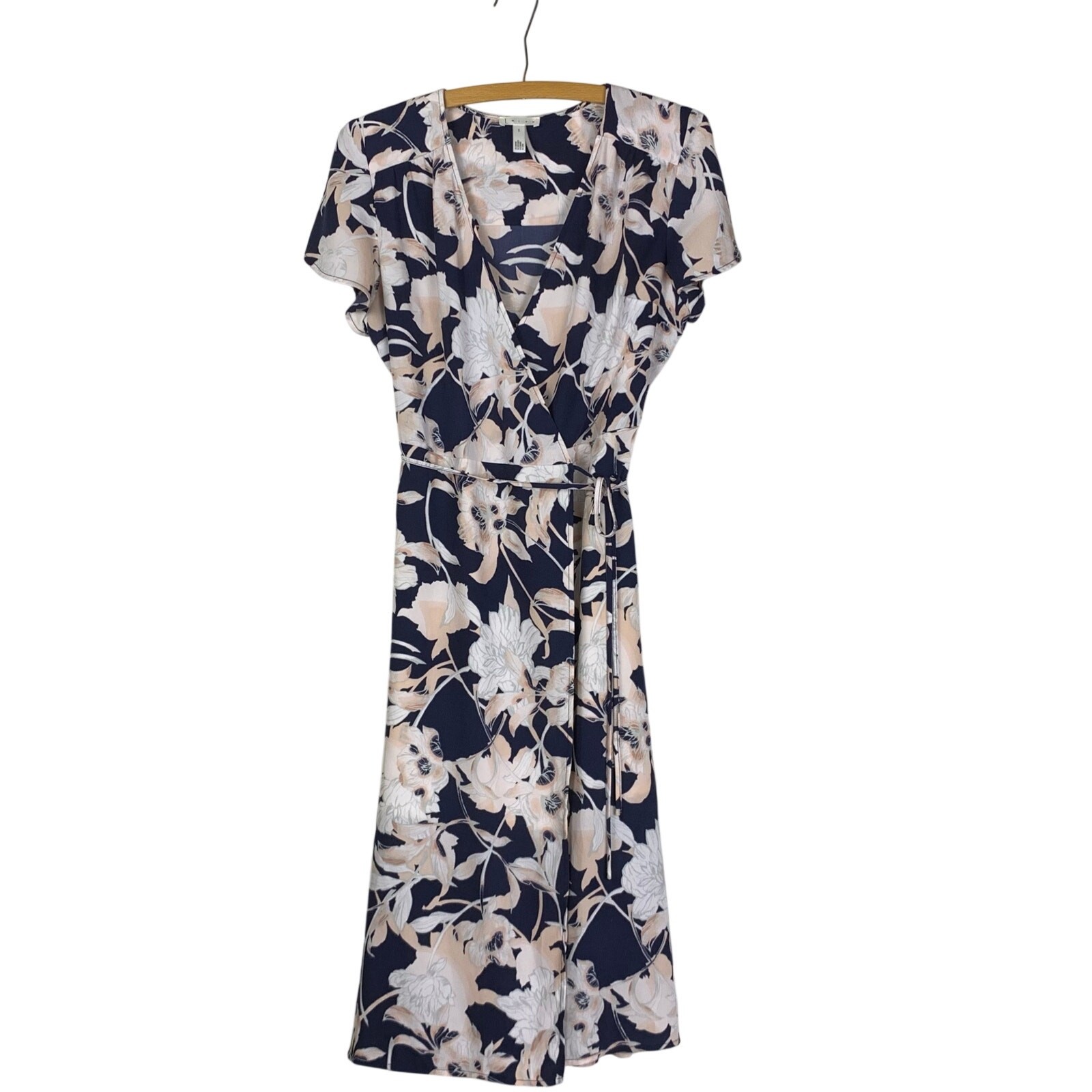Leith Navy Floral Midi Wrap Dress Pink Short Sleeve Size S Workwear Feminine