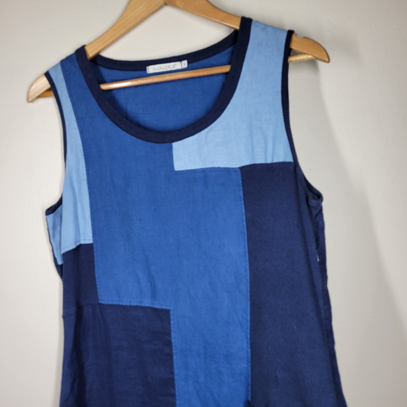 Maloka Portugal Blue Patchwork Linen Cotton Mixed Media Sleeveless Dress 4
