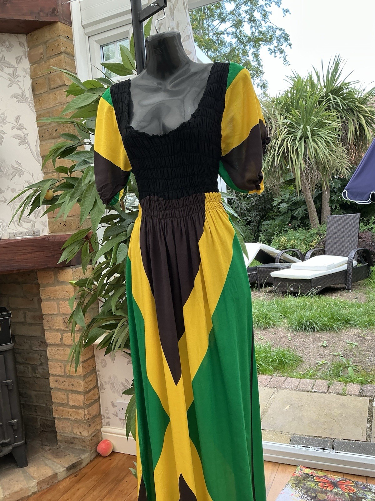 NEW ARRIVAL….HANDMADE…JAMAICAN FLAG COLOUR PRINT, LONG DRESS…Size 14-16